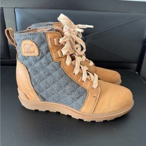 Sorel Women’s Evie II Brown and Gray Quilted Wedge Boots